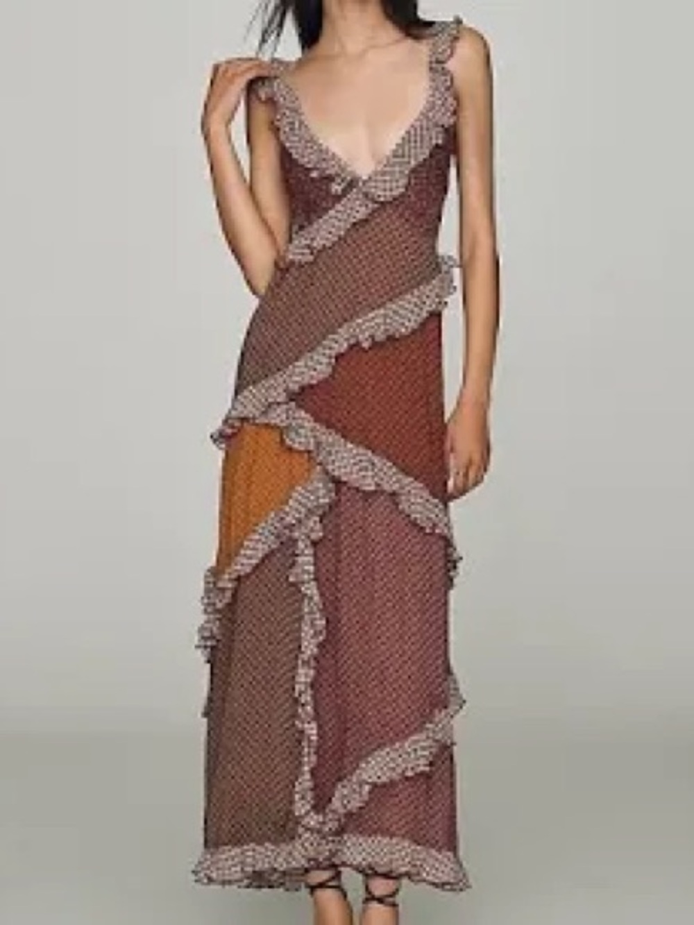 Anthropologie. NWT. Patchwork Ruffle Maxi Dress in Rust and Mustard. LG.